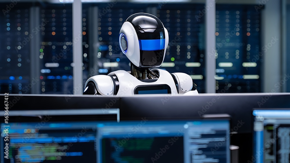 Poster advanced humanoid robot working in a modern data center