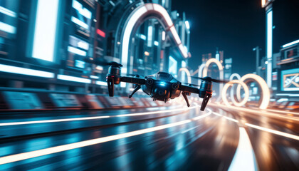 Modern drone flying at high speed through a futuristic glowing cityscape at night, showcasing advanced technology and urban innovation