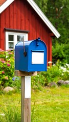 Blue mailbox in front of red cottage