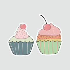 Cupcakes Vector Illustration Sticker with Cherry Topping. Cute vector cupcakes sticker with sprinkles and cherry toppings. Perfect for bakery designs, kids crafts, or sweet dessert-themed projects