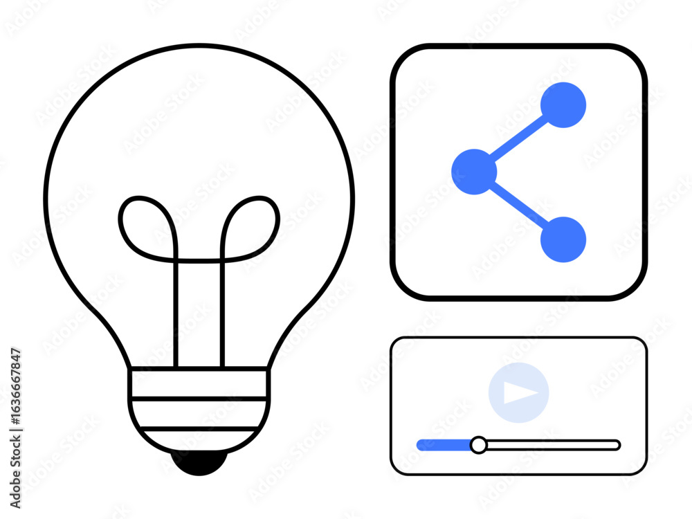 Aufkleber light bulb for innovation, sharing symbol for networking, and play button for multimedia. ideal for 