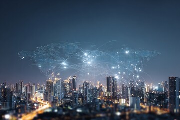 City skyline overlayed digital world map business globalization theme night urban environment