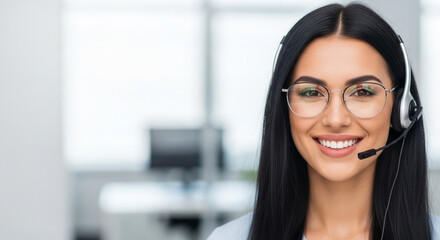 A happy call center agent with glasses and a headset smiles directly at the camera, ready to assist. Perfect for friendly and approachable customer support