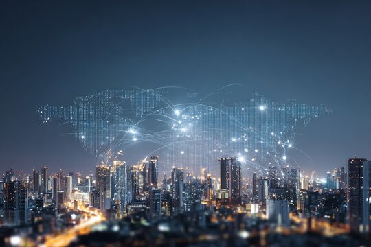 City skyline overlayed digital world map business globalization theme night urban environment - Powered by Adobe