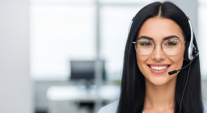 A happy call center agent with glasses and a headset smiles directly at the camera, ready to assist. Perfect for friendly and approachable customer support