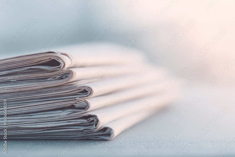 Poster stacks of neatly arranged papers display soft colors and subtle