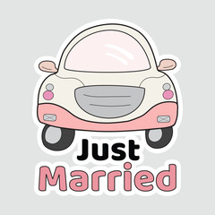 Just Married Vector Illustration Sticker with Cute Car. Cute vector sticker of a wedding car with 