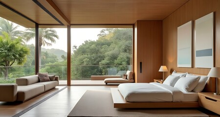 Serene Bedroom Retreat Harmoniously Blending Interior Design with Lush Exterior Landscape Views for a Tranquil Escape