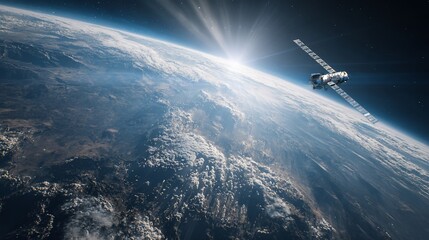 Naklejka premium Satellite orbits Earth, capturing sunrise, outer space view