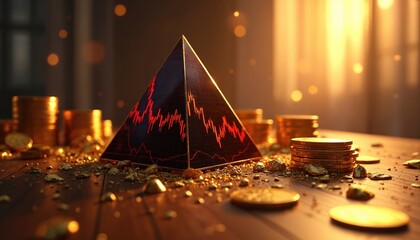 Financial pyramid illustration with red line graph on black surface, surrounded by gold coins, debris on wooden table. Represents economic growth, investment concepts, market analysis, wealth