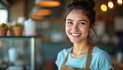 Portrait of smiling young woman wearing apron in cafe or shop. She has dark hair tied up, appears friendly, confident. Background is softly blurred, suggesting cozy, inviting atmosphere for customers.