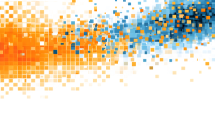 Orange and blue pixel square abstract background on a white background
