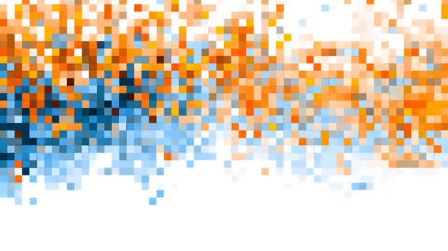 Orange and blue pixel square abstract background on a white background