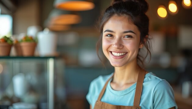 Portrait of smiling young woman wearing apron in cafe or shop. She has dark hair tied up, appears friendly, confident. Background is softly blurred, suggesting cozy, inviting atmosphere for customers.