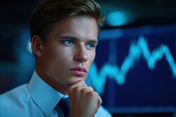 A focused young man in formal attire contemplates data displayed on a screen, highlighting finance or investment themes.
