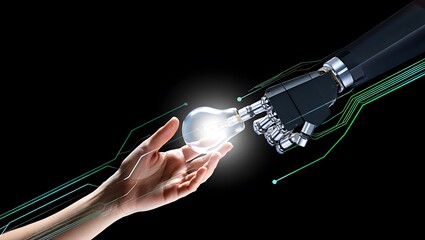Human hand and robotic arm connecting with glowing light bulb