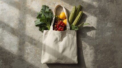 Canvas tote bag filled with fresh produce and green vegetables