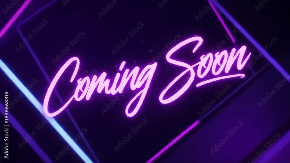 Poster neon-lit 'coming soon' animation on a dark background with geometric patterns
