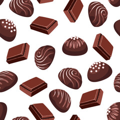 Chocolate sweets background. Seamless pattern with chocolate candies. Vector cartoon flat illustration.