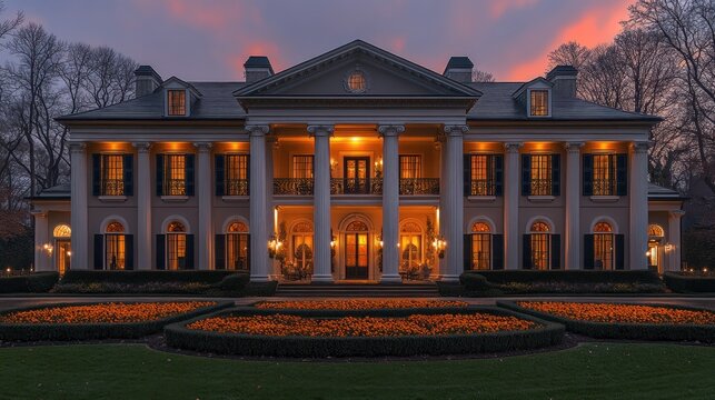 Grand estate home at twilight, illuminated columns - Powered by Adobe