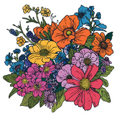 Colorful Floral Arrangement Featuring a Variety of Flowers such as Poppies Daisies and Other Blooms with Petals of Various Colors Creating a Vibrant and Lively Display of Nature's Beauty