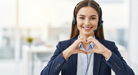 A professional call center agent in a suit makes a heart symbol with her hands, smiling warmly. Perfect for concepts of dedicated and caring customer service