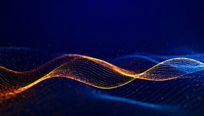 Golden Particle Waves Flowing Across a Dark Blue Background