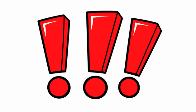 Three bold, red exclamation points on a white background.