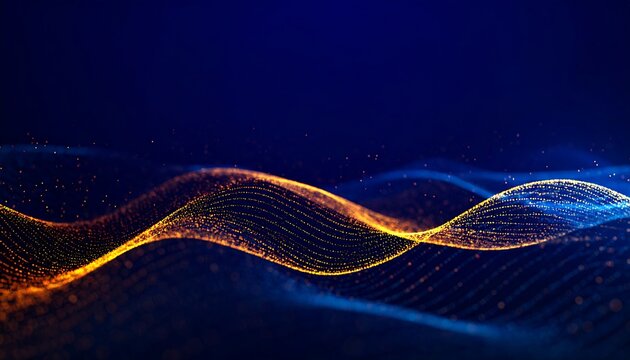 Golden Particle Waves Flowing Across a Dark Blue Background