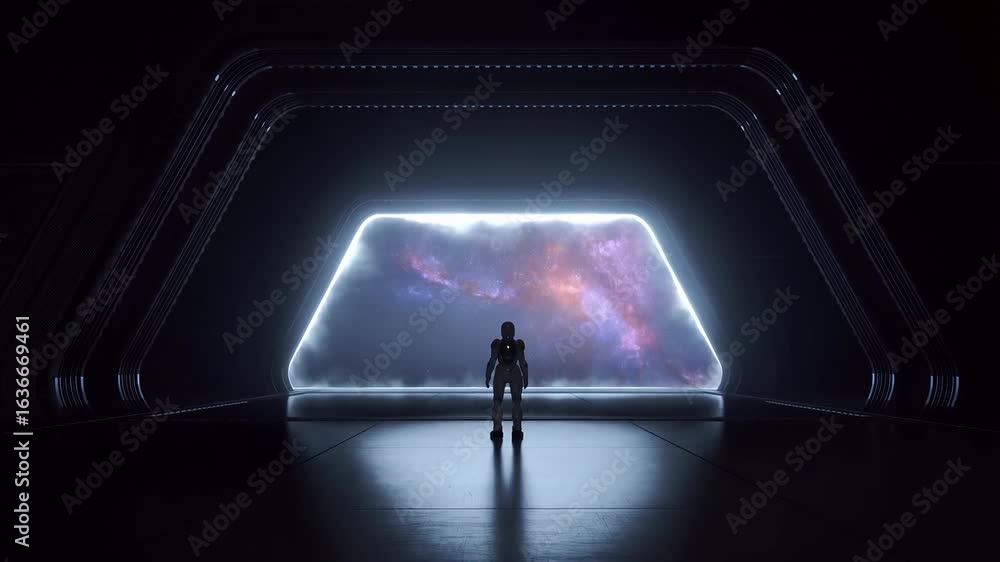 Poster robot standing on futuristic spaceship bridge looking out at colorful nebula through panoramic windo
