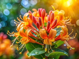 Closeup of vibrant orange azalea flowers blooming in the sunlight, showcasing delicate petals and stamens