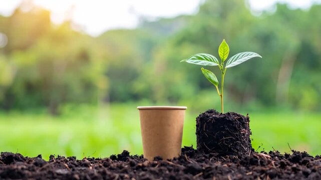 A young plant with green leaves grows from a soil clod near a paper cup against a blurred green background with sunlight