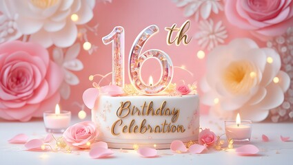 A sweet sixteen birthday celebration cake adorned with roses, candles, and petals, creating a festive and romantic atmosphere for a special occasion