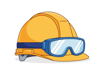 Isolated illustration of a yellow construction helmet with blue goggles, ideal for safety awareness and promoting workplace protection in various industries.