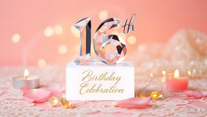 Elegant 16th birthday celebration with crystal numbers, candles, and rose petals on a soft pink background with bokeh lights for a sweet sixteen party