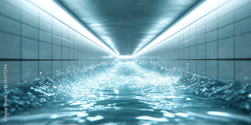 Poster a futuristic tunnel with flowing water illuminated by bright lights, creating a serene and dynamic a