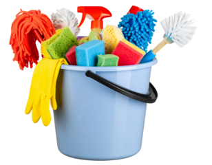 House Cleaning Supplies and Equipment in Plastic Bucket, isolated on a transparent background