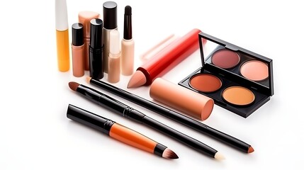 A complete set of makeup items, including a bold orange lipstick, eyebrow pencil, and a foundation stick, artfully arranged on a white background. Full frame .