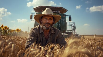 Farmer in straw hat with combine harvester in golden wheat field
