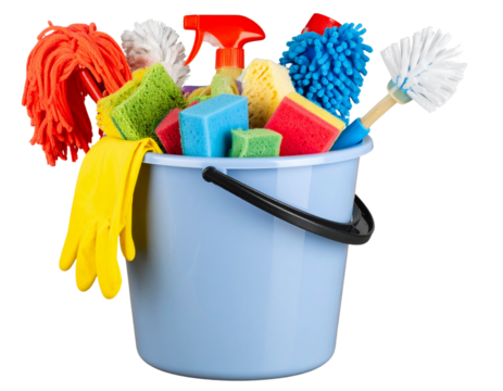  House Cleaning Supplies and Equipment in Plastic Bucket, isolated on a transparent background