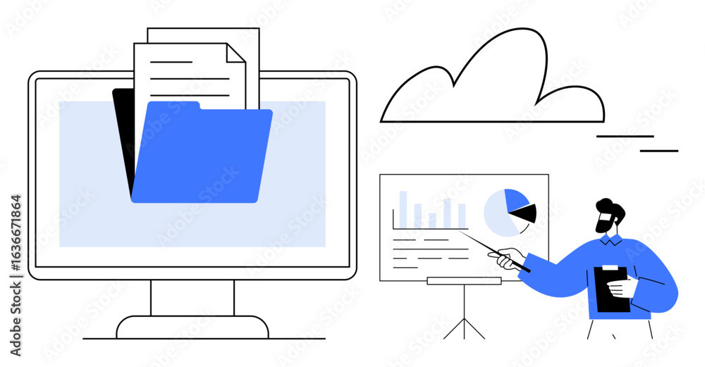Poster folder with documents on computer screen, cloud icon, person presenting analytics. ideal for cloud s