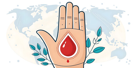 Cartoon hand with red blood drop and leaves on world map background leaf