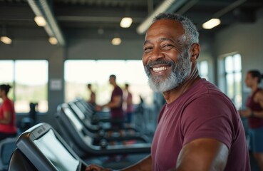 African American senior man smiles while using treadmill in gym. Mature, healthy, fit person engages in cardio exercise. Active lifestyle, well-being for older adults focusing on fitness and strength.