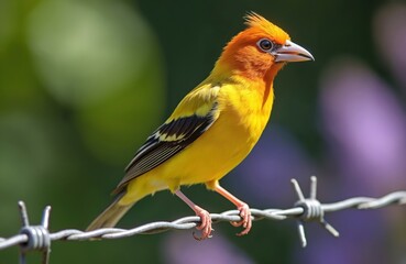 Male Saffron Finch bird with vibrant orange head, yellow body perched on barbed wire fence. Small avian species displays intricate feather details, pointed beak against blurred green, purple natural