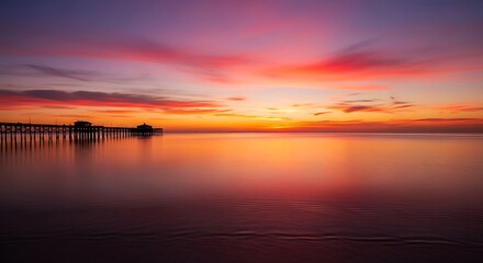 Obraz premium Beautiful sunset over the sea with a pier in the distance