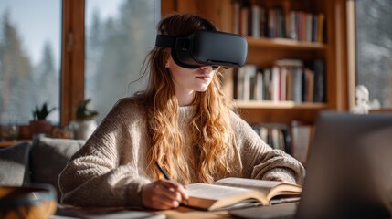 Young  woman with long wavy hair wearing virtual reality headset, sitting at a wooden table, studying with a book in a cozy room with bookshelves.