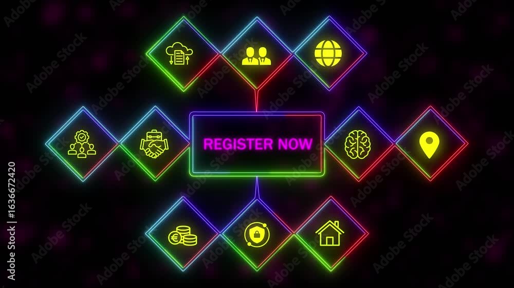 Poster a register now concept button on a futuristic .neon abstract seamless animation of hue effect backgr
