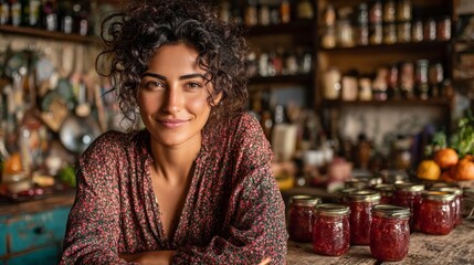 A young Hispanic woman with curly hair smiles while leaning on a wooden table. 