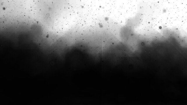 Dark grunge overlay effect with black smoke and falling ash particles. Abstract texture for transparent background design, isolated moody storm atmosphere.