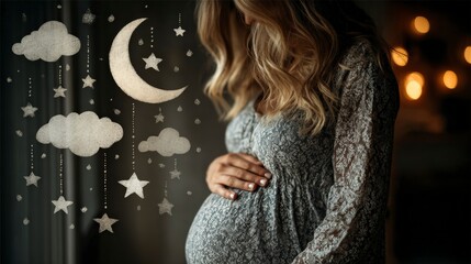 Pregnant  woman with long wavy hair gently cradles her belly. Soft moon and star decorations hang in the background, creating a serene atmosphere.
